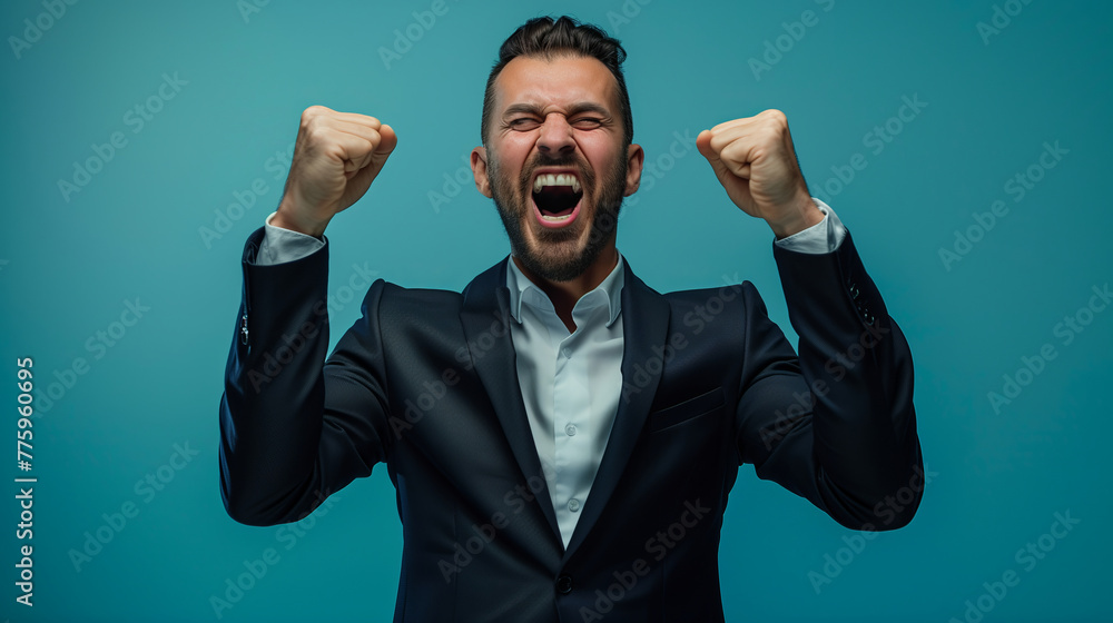 Career milestone, A man in a suit with a celebratory gesture Career milestone, A man in a suit with a celebratory gesture