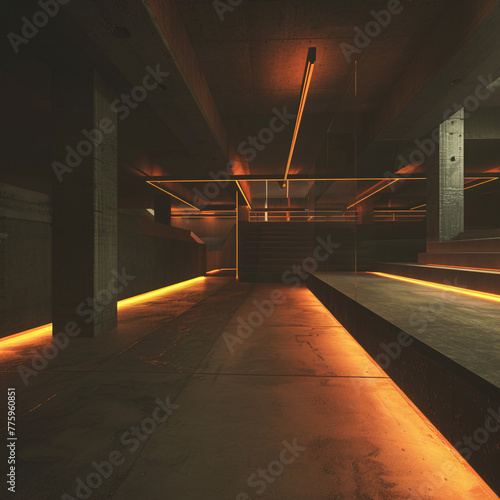 Dark, modern space illuminated by warm, linear lights creating a dramatic atmosphere photo
