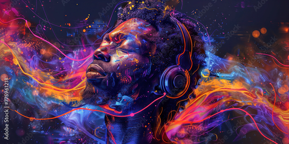 Music Vibes: Neon Beat Flow. A portrait of a man lost in music, with ...