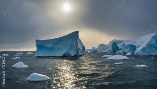 Majestic icebergs adrift in a cold Arctic sea, bathed in sunlight piercing through heavy clouds, highlighting the icy textures and serene waters