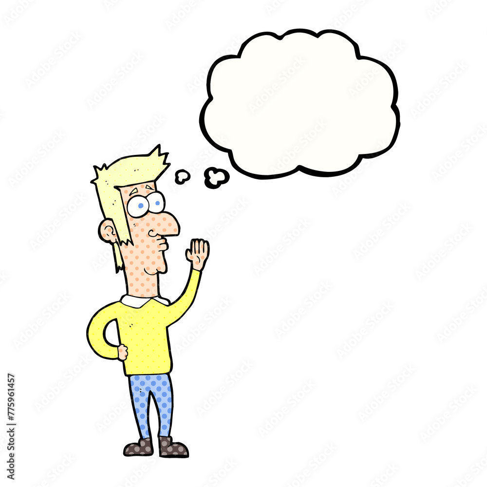 freehand drawn thought bubble cartoon man waving freehand drawn thought bubble cartoon man waving