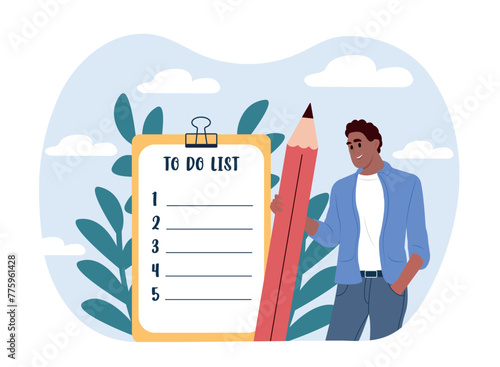 Man standing beside giant check list and holding pen. Concept of monthly planning, to-do list, time management, successful completion of tasks, effective daily planning.