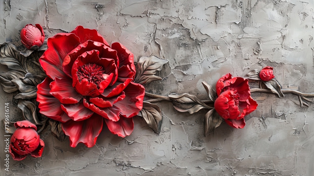Fototapeta premium Red decorative volumetric peony flower on the background of a decorative wall.