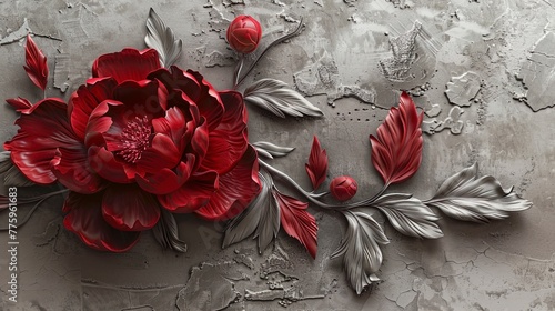 Red decorative volumetric peony flower on the background of a decorative wall.