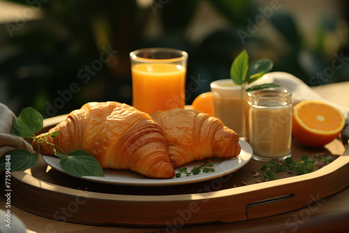 Breakfast tray with orange juice and croissants ana coffee. Generative AI Art. Beautiful view.