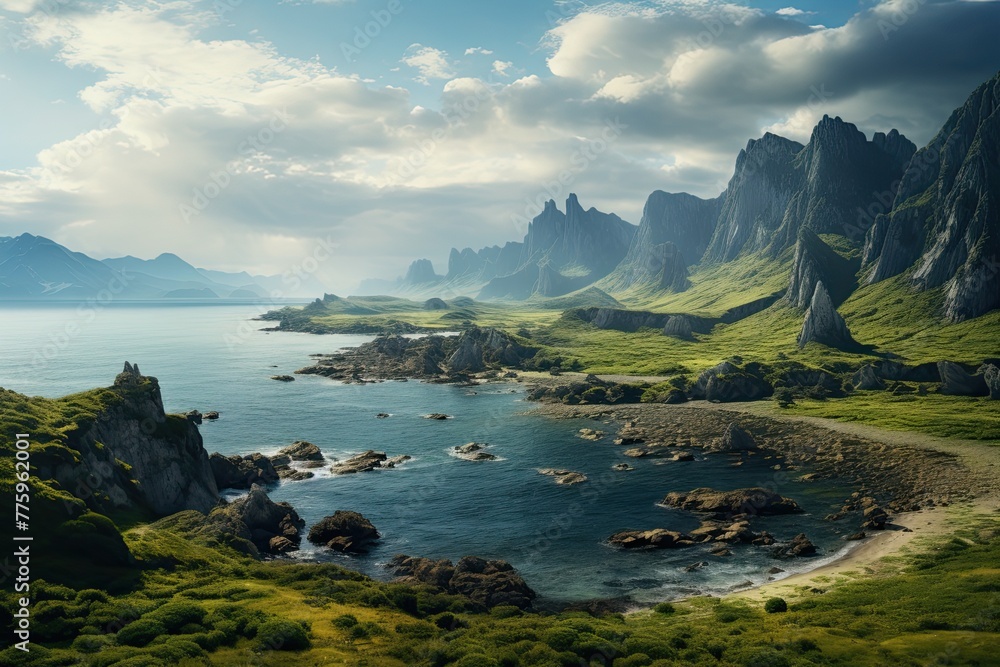 Obraz premium Nature of Russia. Wild beach among the hills. Generative AI Art. Beautiful view.