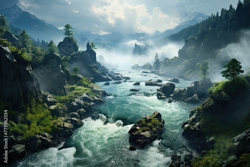 Nature of Russia. Raging river with crystal clear water. Generative AI Art. Beautiful view.