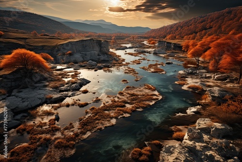 Landscape of Turkey. Autumn landscape. River with clear water in a stone valley. Generative AI Art. Beautiful view.