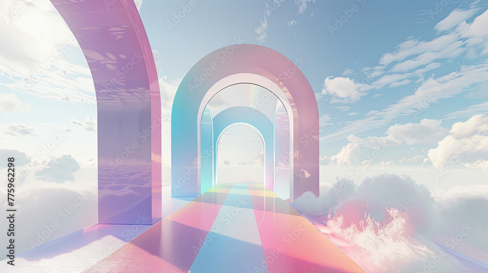 rainbow pastel 3d arch in the clouds, surreal room with rainbow colored floor and sky 