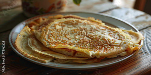 Golden crepes stacked on a plate, bathed in warm morning light photo