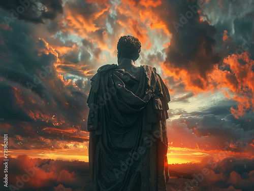 Julius Caesar, toga, Roman emperor, standing at a modern crossroads, amid a stormy sky, portrayed in a 3D render art style, illuminated with silhouette lighting and lens flare photo