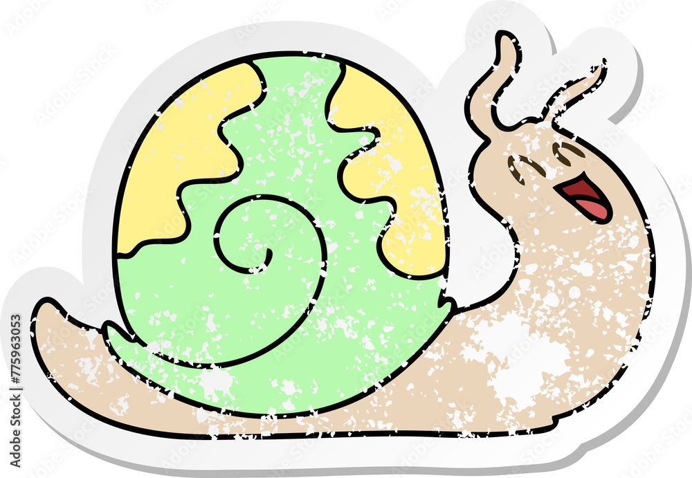 distressed sticker of a quirky hand drawn cartoon snail distressed sticker of a quirky hand drawn cartoon snail