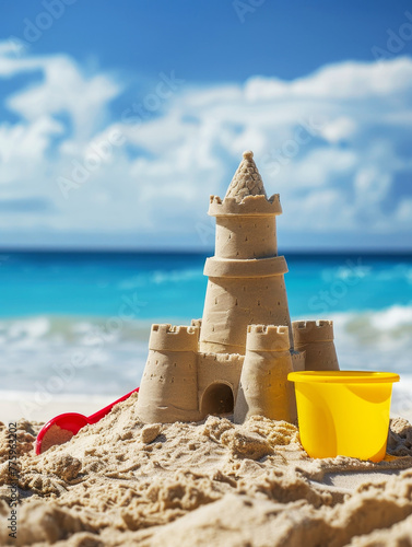 Majestic sand castle with multiple towers and a red shovel in the foreground, set against the tranquil backdrop of a clear blue ocean. © Artsaba Family