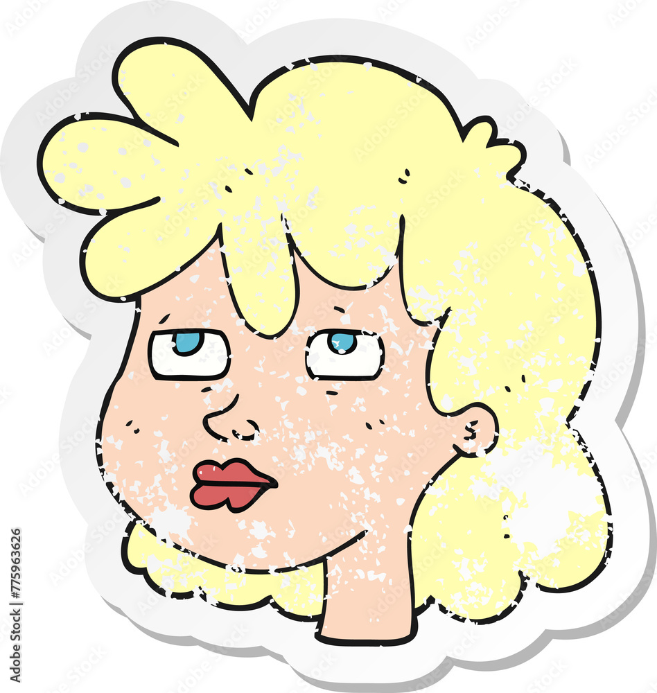 retro distressed sticker of a cartoon female face retro distressed sticker of a cartoon female face
