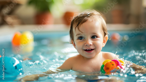 Joyful Caucasian Toddler with Pool Toys on a Sunny Day