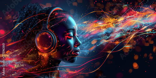 Music Vibes: Neon Beat Flow. A portrait of a woman lost in music, with vibrant neon light trails symbolizing the rhythm flowing around her in a dynamic display of color and energy.	
 photo