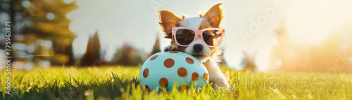 Puppy in a polka dot egg, cool sunglasses, on green spring grass, bright afternoon sunshine