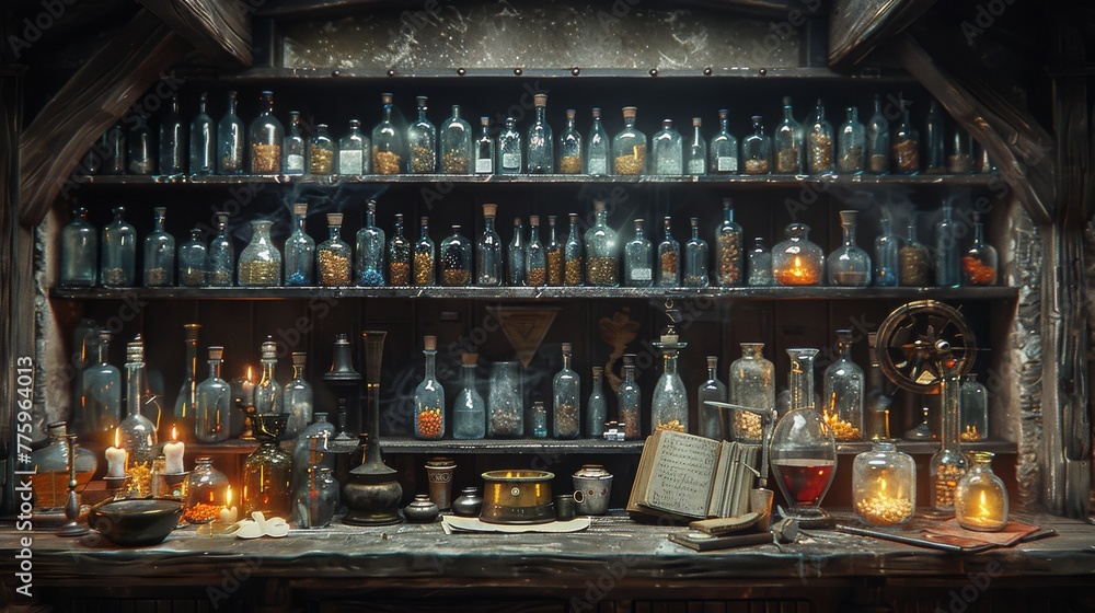 Medieval Alchemist: Capture the mystique of an alchemist's laboratory with potions, scrolls, and arcane symbols to depict medieval science and magic 