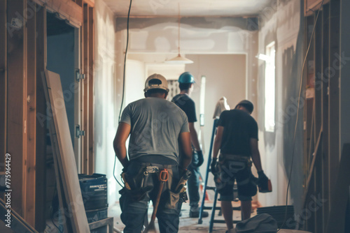 Rear view of the professional interior renovation crew in the appartement