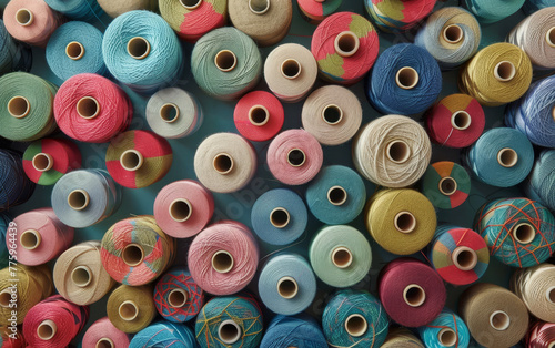 Artfully organized sewing threads with a striking color gradient, ideal for backgrounds in textile and craft themes.