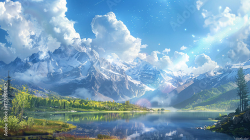 Serene landscape with majestic mountains, calm lake, lush greenery, and magical sky photo