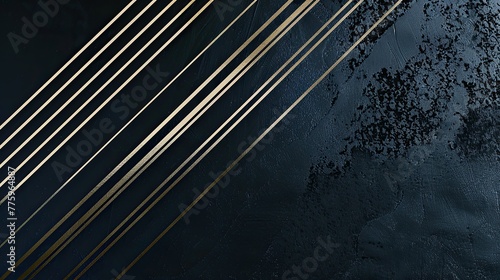 Lines of white gold on black brushed aluminum, navy blue background highlighted from above in the right corner  photo