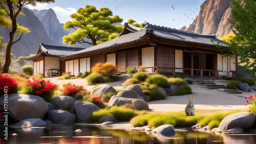 Japanese-style building surrounded by greenery and rocks, lake. Seamless looping 4k time-lapse video animation background  photo