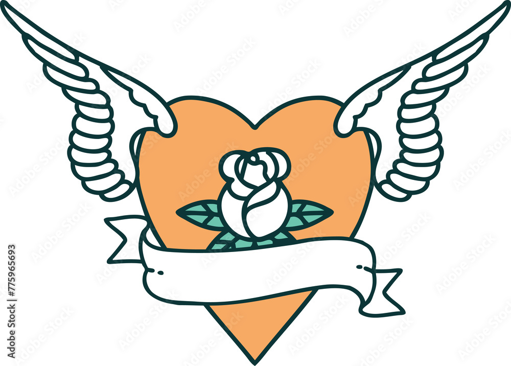 Fototapeta premium iconic tattoo style image of heart with wings a rose and banner