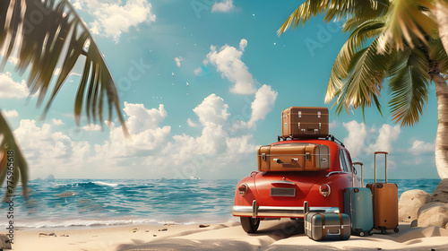 Summer vibes Car parked on beach with suitcases - Ai Generated © mady