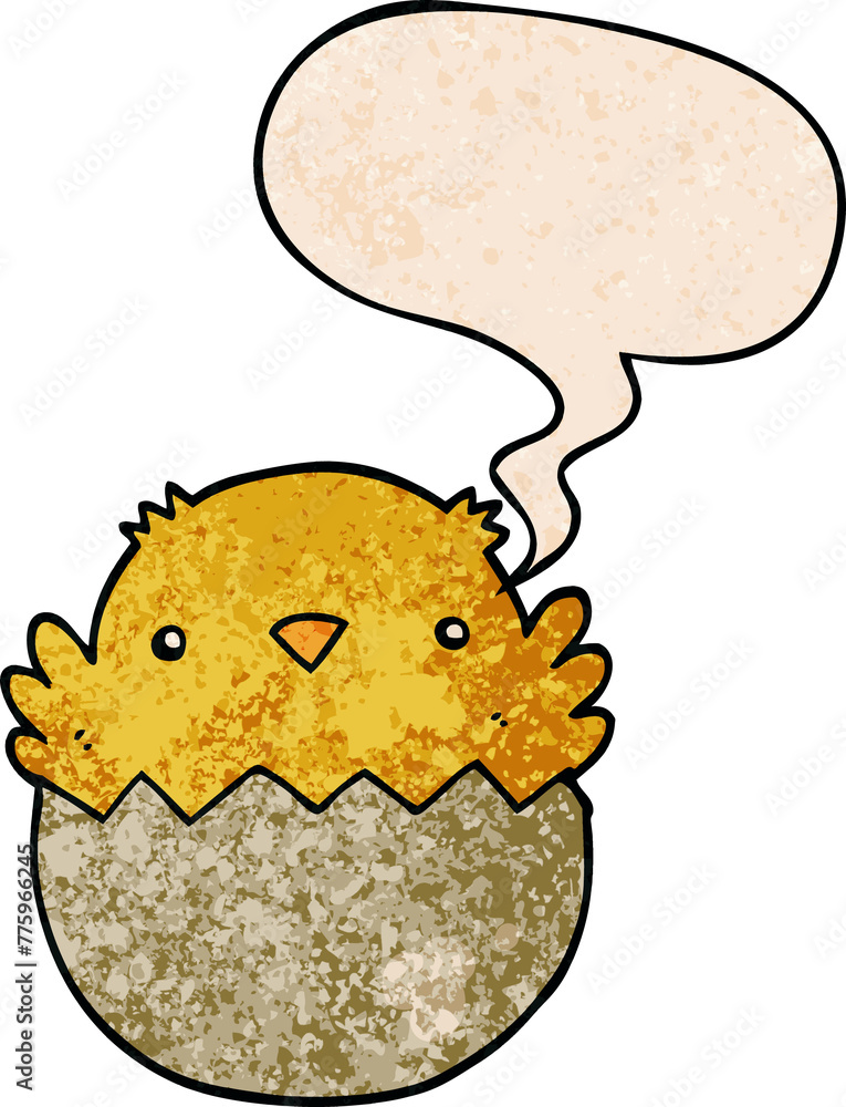 cartoon chick hatching from egg with speech bubble in retro texture style cartoon chick hatching from egg with speech bubble in retro texture style