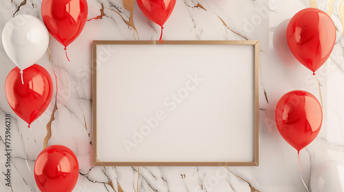 Blank frame surrounded by red and white balloons on a marble background