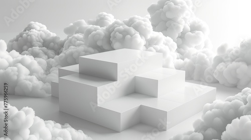 3D illustration of a cubic structure with white clouds