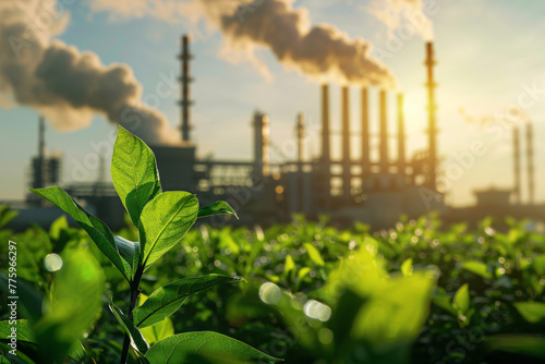 Green leaves foreground, industrial plant background, emitting smoke under a bright sky photo
