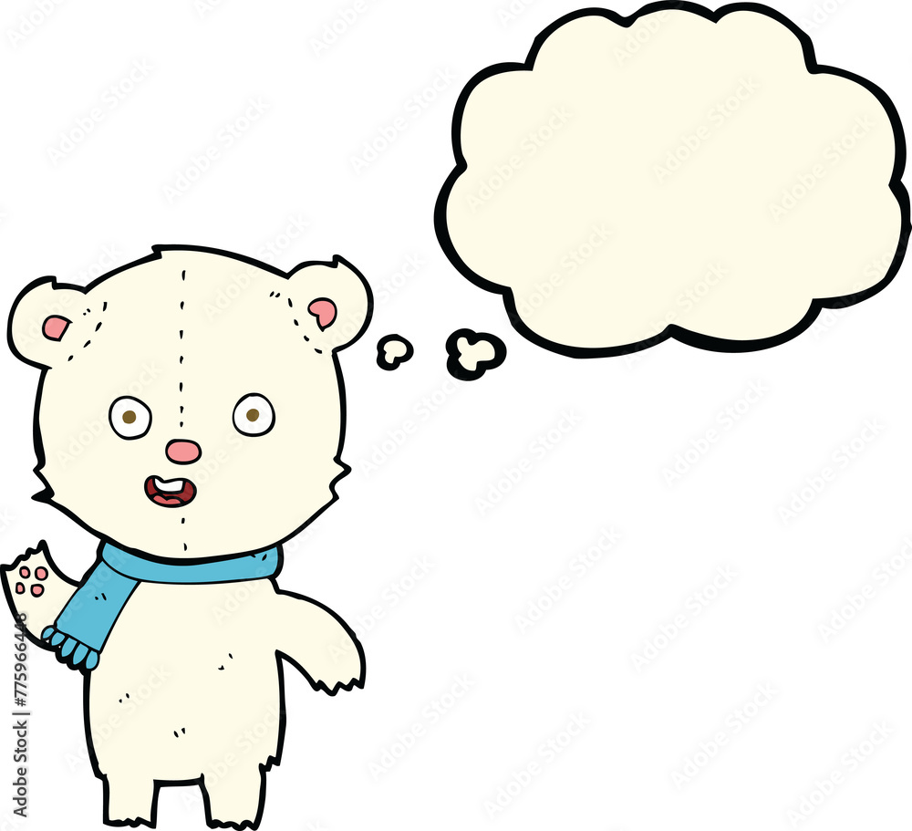 cartoon waving polar bear cub with scarf with thought bubble cartoon waving polar bear cub with scarf with thought bubble