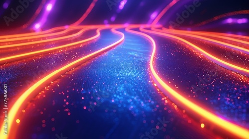 abstract background with neon light lines speed of neon blue and neon orange