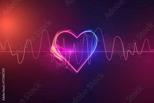 A heartbeat chart with a love symbol, vibrant neon light style