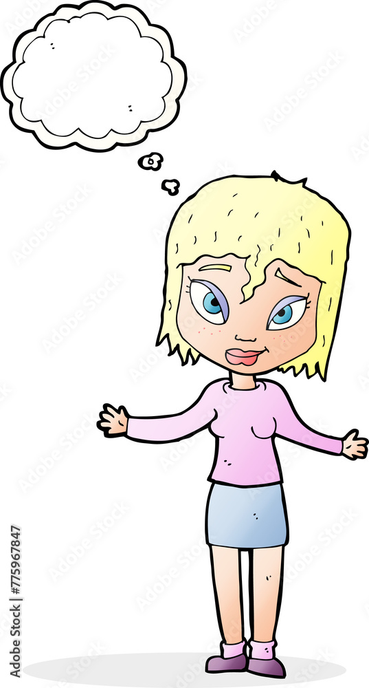 cartoon woman shrugging shoulders with thought bubble cartoon woman shrugging shoulders with thought bubble