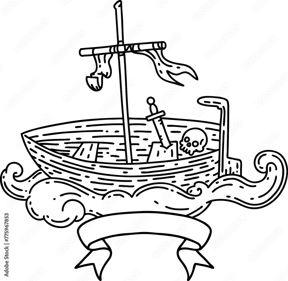 scroll banner with black line work tattoo style empty boat with skull scroll banner with black line work tattoo style empty boat with skull