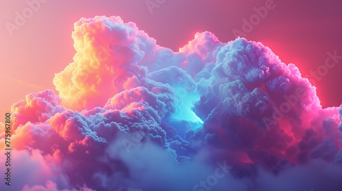 3D render of a colorful cloud with glowing neon lights in geometric shapes