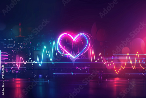 A heartbeat chart with a love symbol, vibrant neon light style