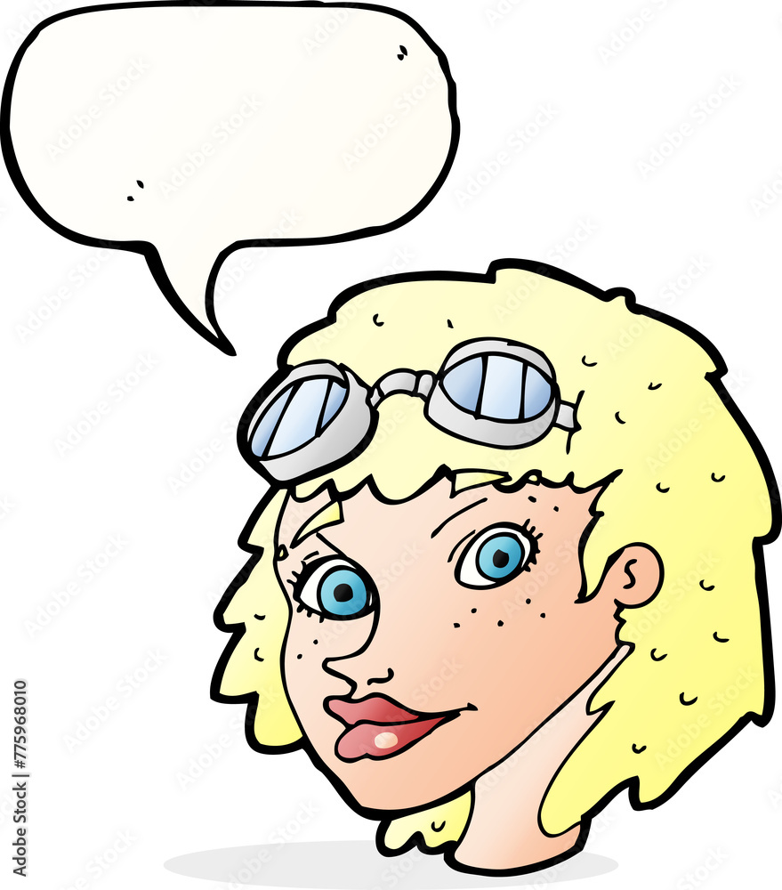 cartoon happy woman wearing aviator goggles with speech bubble cartoon happy woman wearing aviator goggles with speech bubble