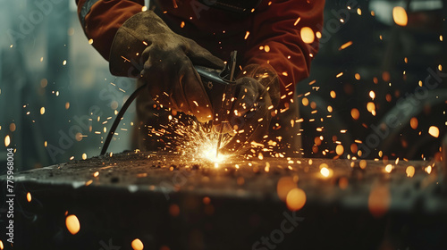 A welder is working on welding steel. photo