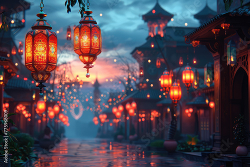 A photo of hanging lanterns with Islamic patterns, creating an atmosphere of Ramadan and celebration in front of the blurred silhouette of mosque towers at dusk. Created with Ai