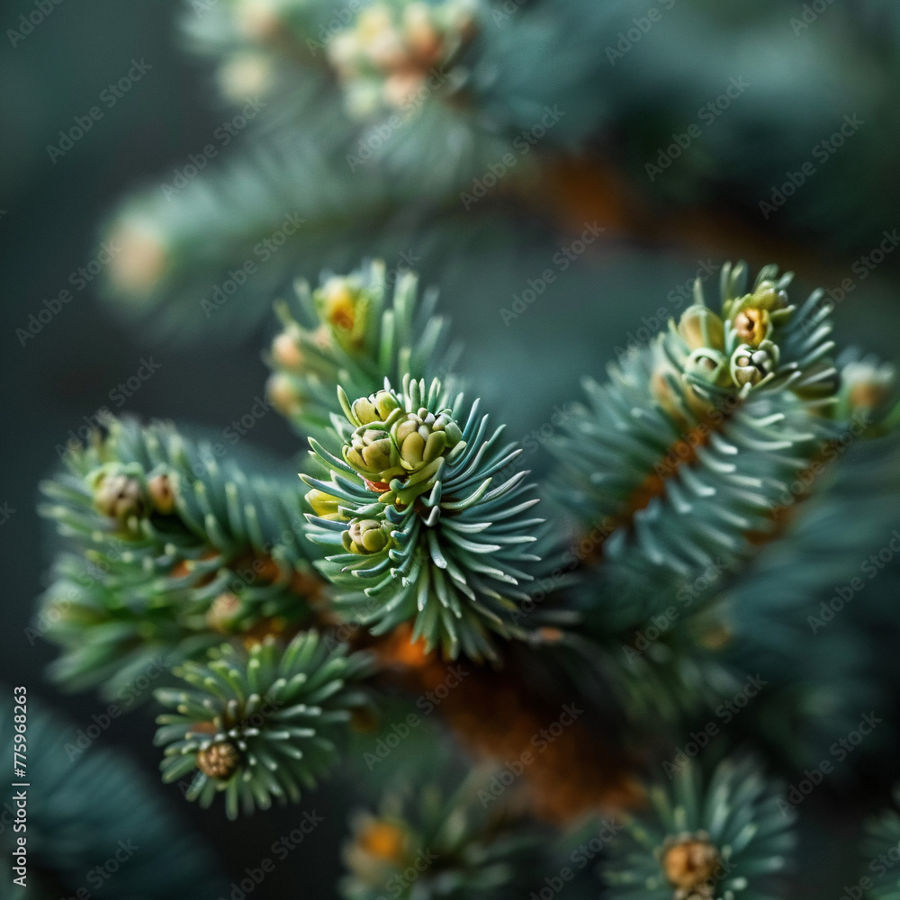 Close-up of green pine needles with budding pine cones