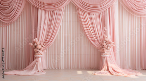 Elegant pink drapes and flowers create a serene, romantic ambiance photo