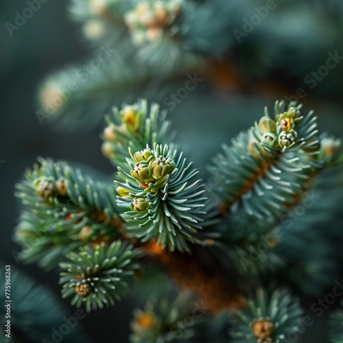 Close-up of green pine needles with budding pine cones