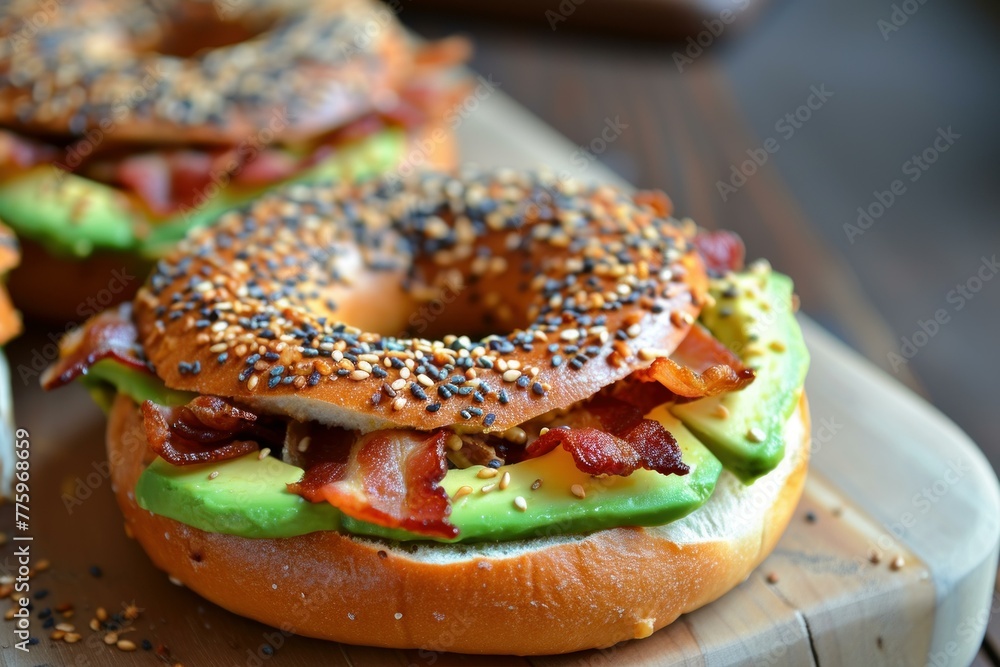 Crispy Bagel avocado bacon. Salad meal snack. Generate Ai Crispy Bagel avocado bacon. Salad meal snack. Generate Ai