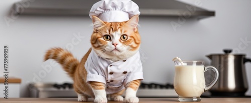 Cute kitten in chef costume on kitchen background