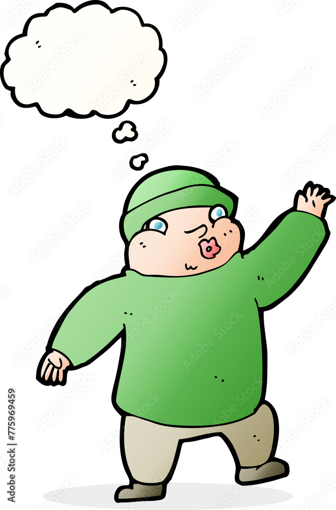 cartoon man in hat waving with thought bubble cartoon man in hat waving with thought bubble