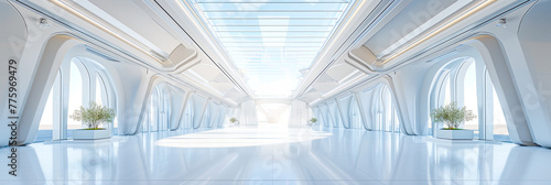Ein futuristischer weißer Raum mit Glasdachfenstern, Stahlträgern schafft eine geräumige, luftige Atmosphäre.